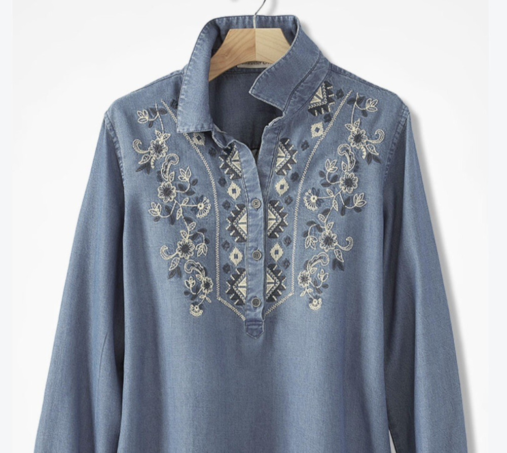 Coldwater Creek Size 1X Embroidered Popover Tunic Blue Chambray Peasant Boho
